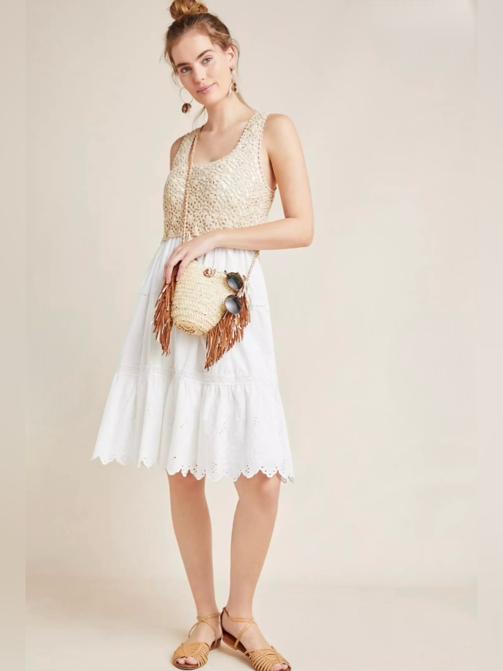 BY ANTHROPOLOGIE Beckett Crochet Beige Sleeveless Eyelet Midi Dress Size XS